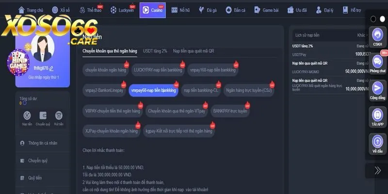 Quy trình nạp tiền xoso66 qua ngân hàng nội địa