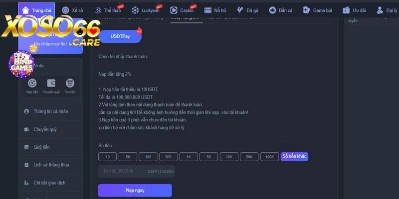 Nạp tiền XOSO66 bằng USDT giao dịch nhanh và an toàn