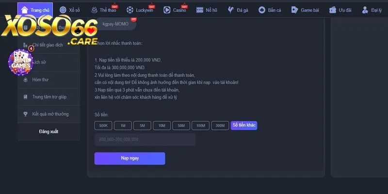 Cách nạp tiền XOSO66 qua máy tính